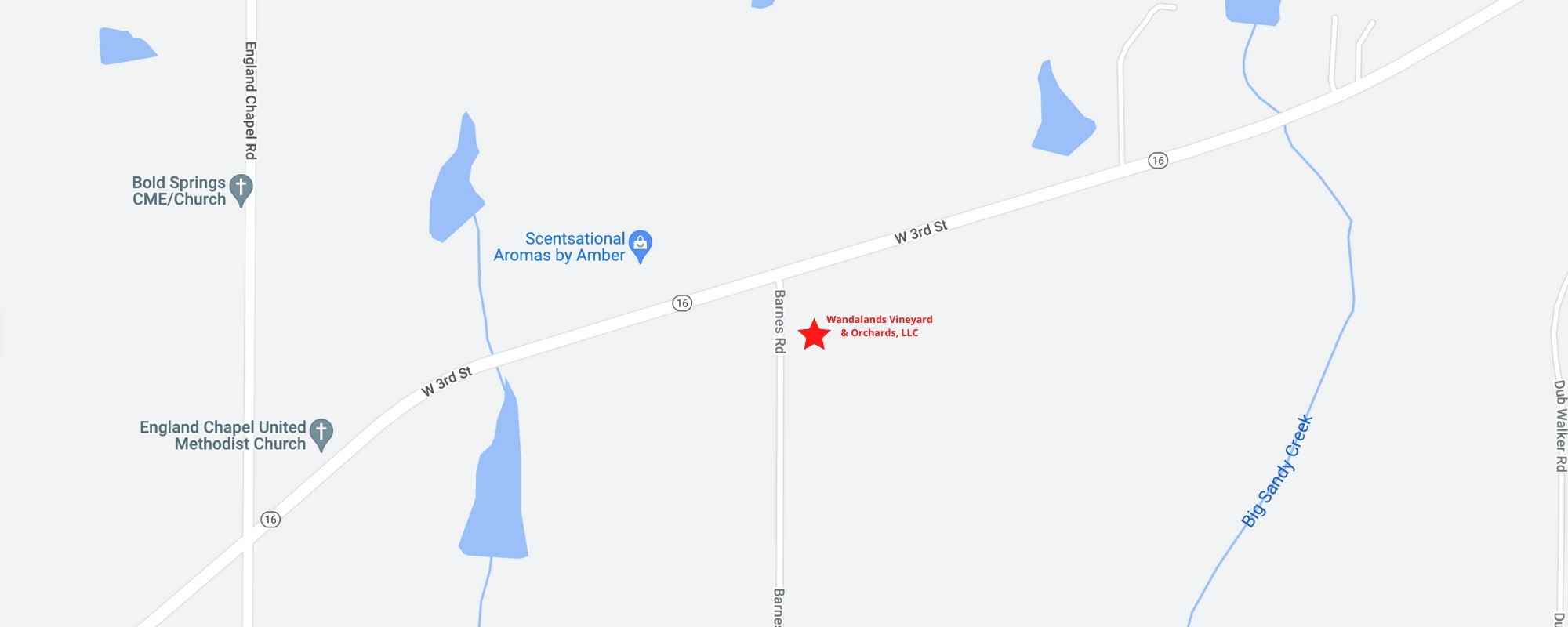 Map showing Wandalands Vineyard & Orchards at 113 Barnes Road, Jackson, Georgia, just off Barnes Road near West 3rd Street