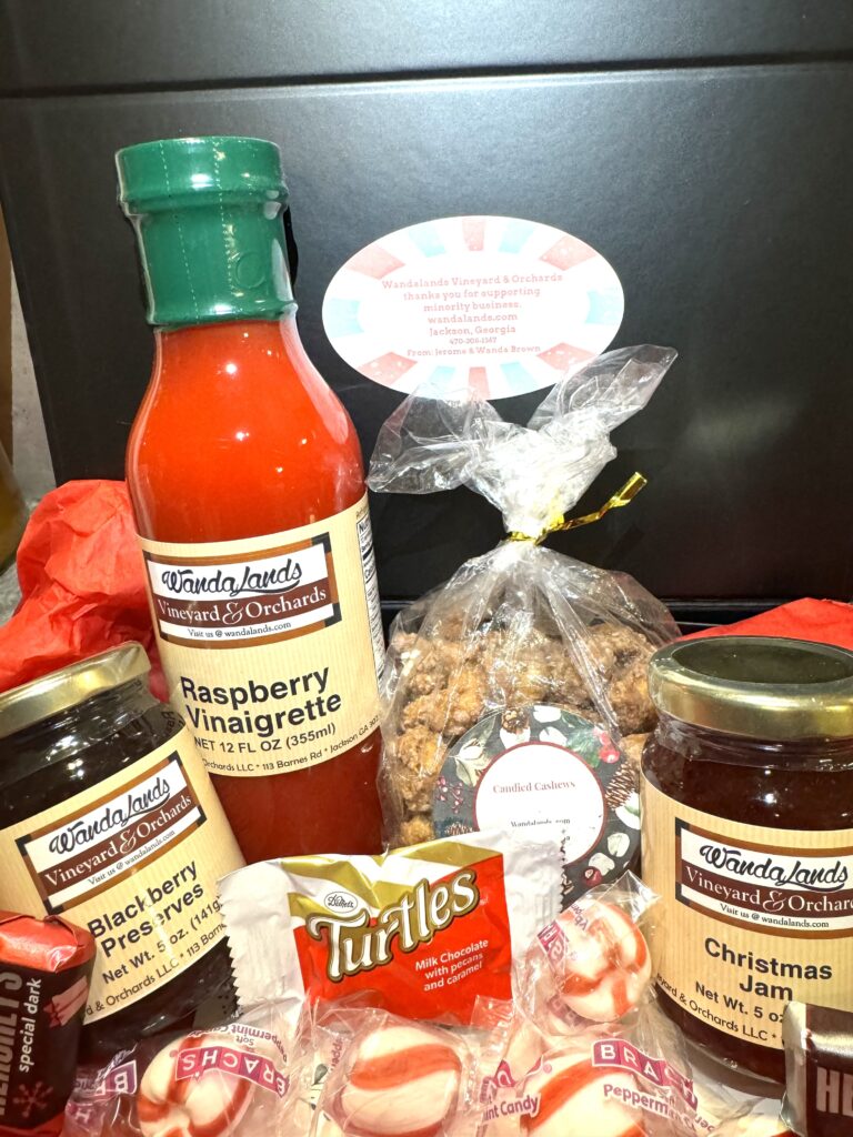 Wandalands holiday gift box with preserves, glazed pecans and hot sauce